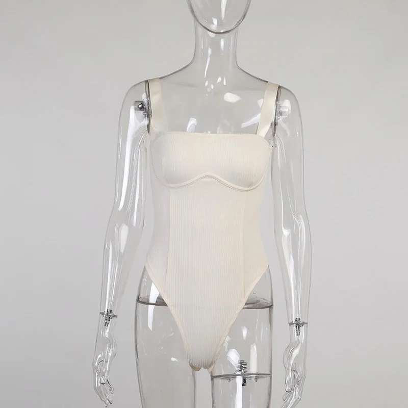 2021 Trending Product Casual Summer Bodysuits Solid Yoga Knitting Bodycon Spaghetti Strap Body Suit Women Ribbing Bodysuit