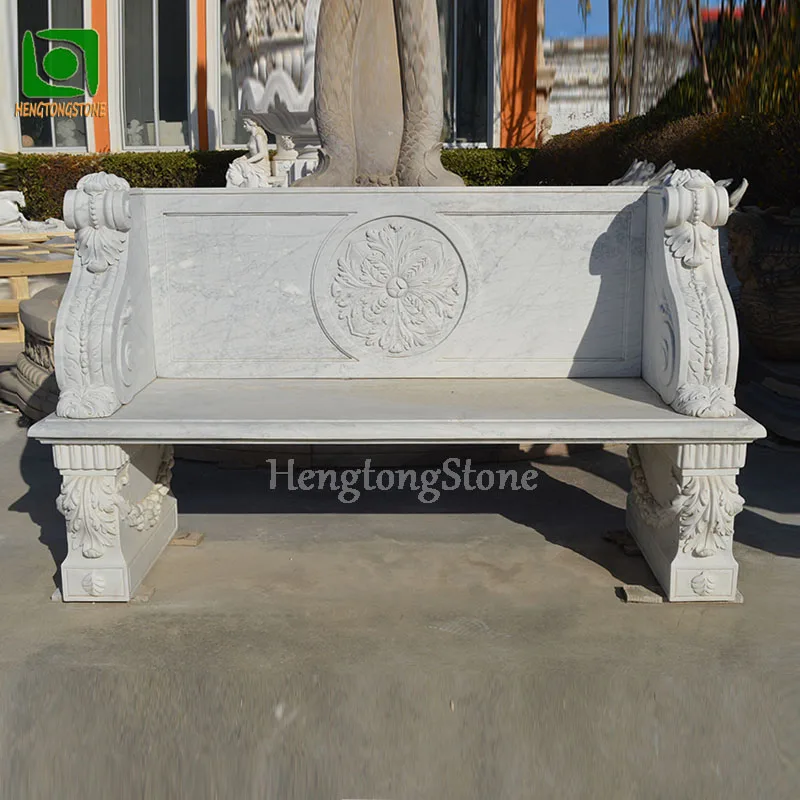Custom Natural Marble Outdoor Garden Villa Decoration Flower Pattern Engraving Bench