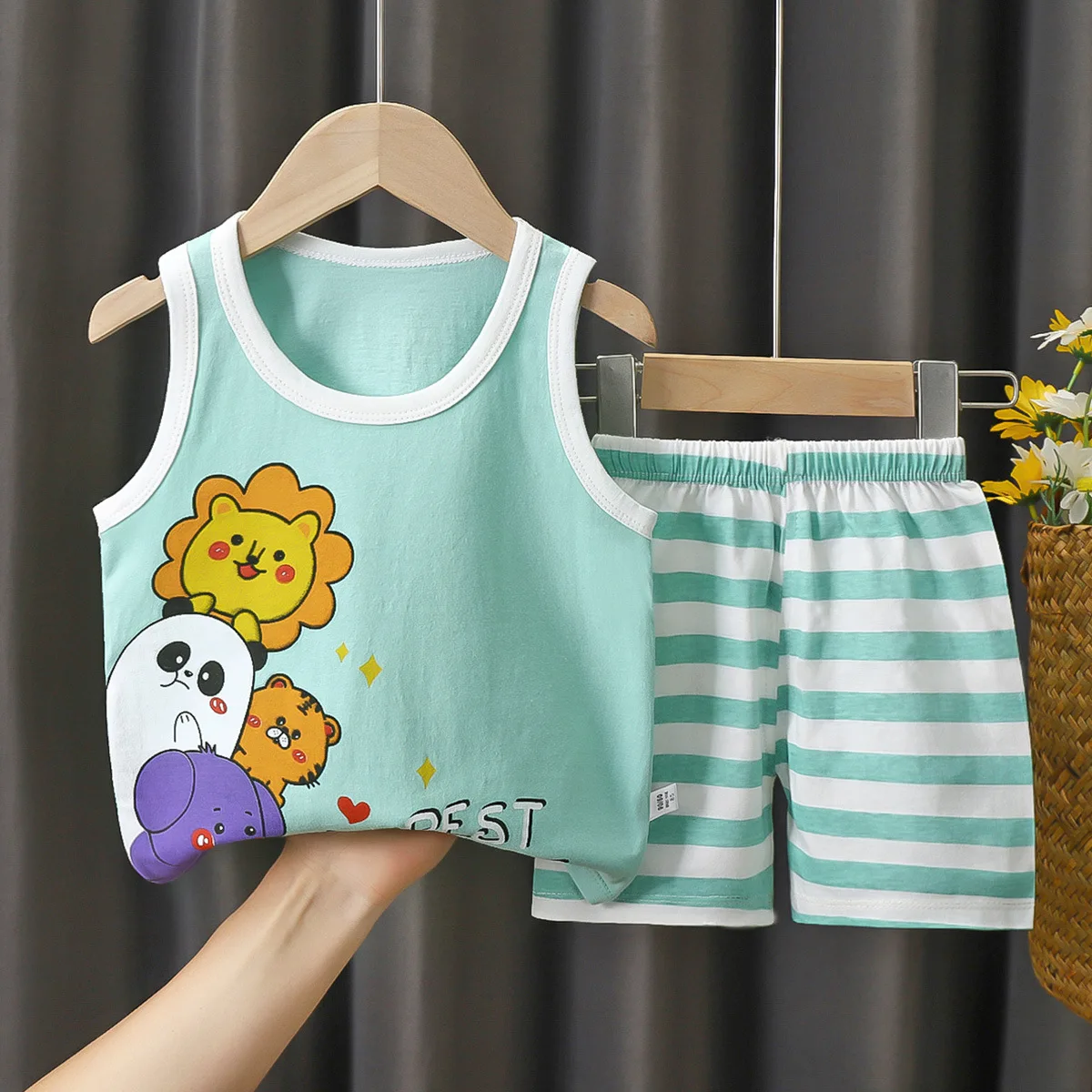 Children Summer Pure Cotton New Sleeveless Boys Summer Vest Pants Set Clothes Suit