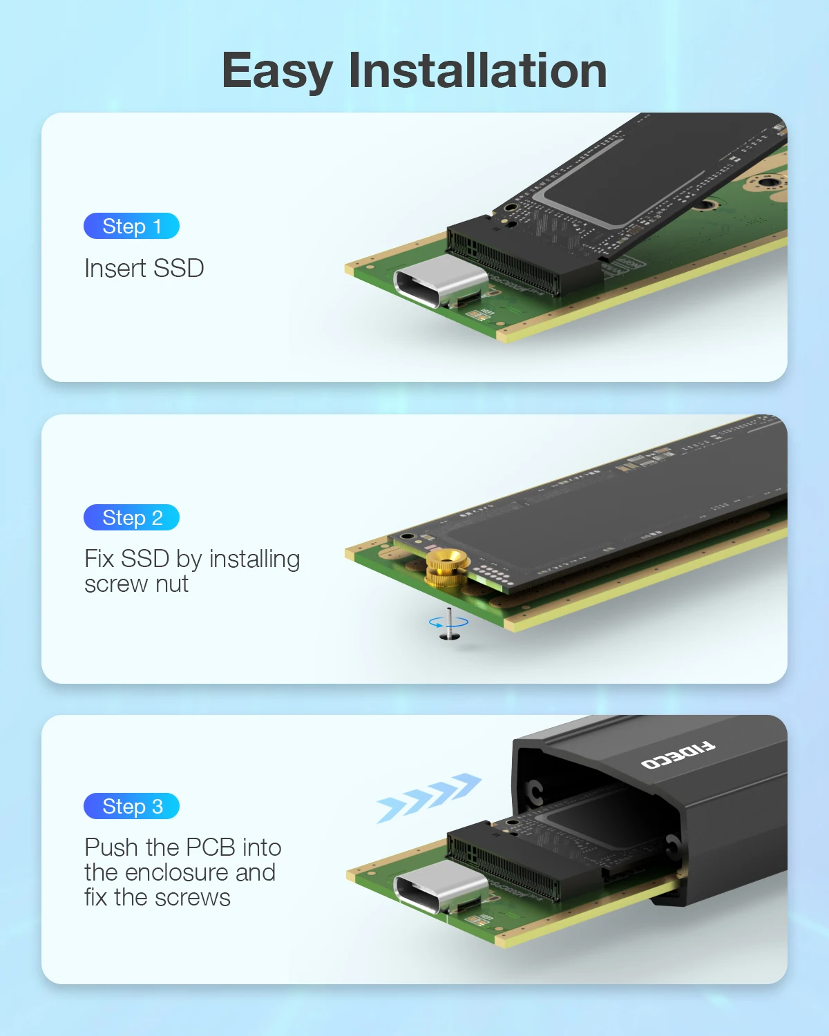 FIDECO New Design USB3.1 C to M.2 B Key B+M Key Nvme Ngff Pcie SSD Box Case 10Gbps High Speed Hard Drive SSD Enclosure