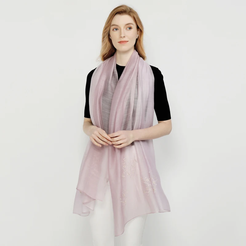Purple lightweight embroidered silk wool blend fabric scarf cashmere long women shawl