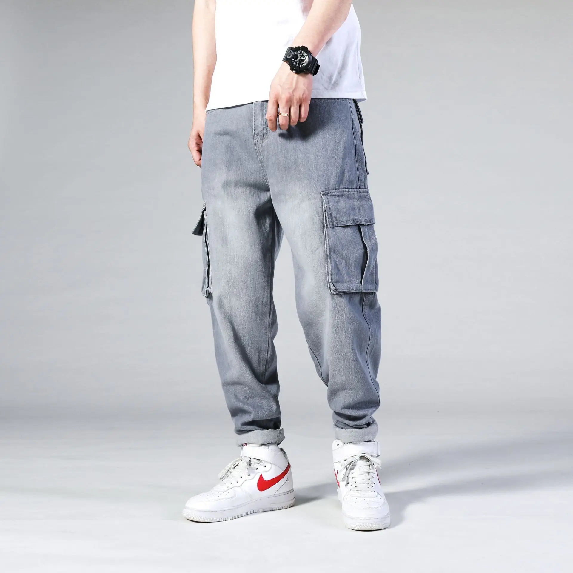 Wholesale Men Jeans Trousers Denim Loose Trousers 6 Side Pocket Embroidery Design Cargo Jeans Pant For Men