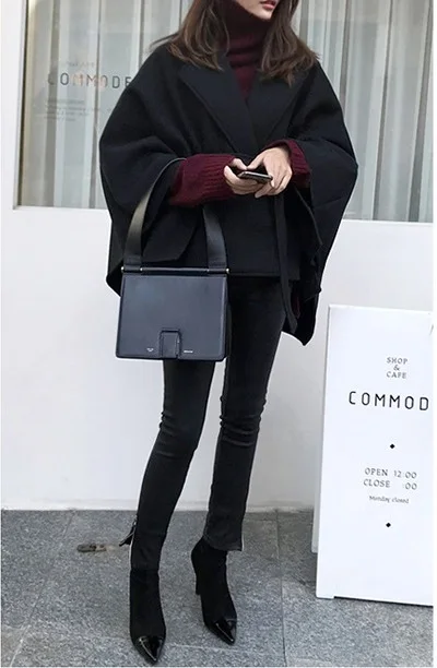 Classic Notch Lapel Woolen  Ladies Jacket Lace Up Belt Bandage Half Sleeves Outwear