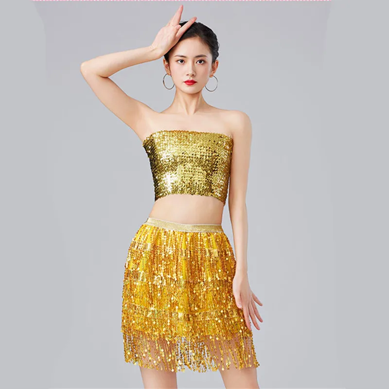 Sequins Top Ladies High Pop Glitter Dance Stage Performance Adult DS Clothing Packaging Ballroom Party Outfit Latin Performance
