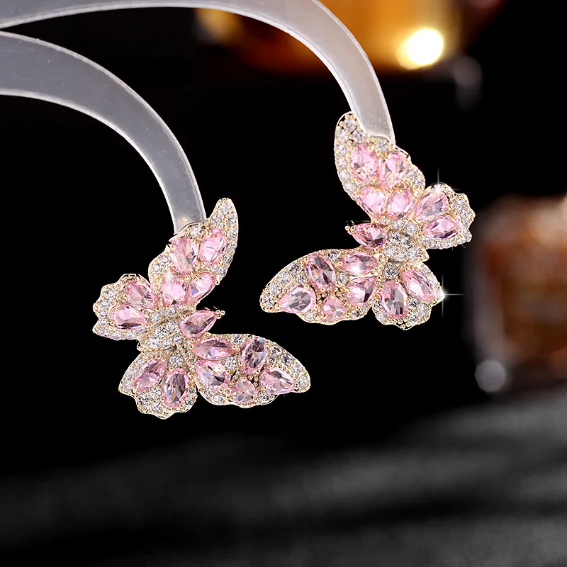 High Quality 14K Gold Plated Multi Color Cubic Zirconia Crystal Big Butterfly Stud Earrings for Girls