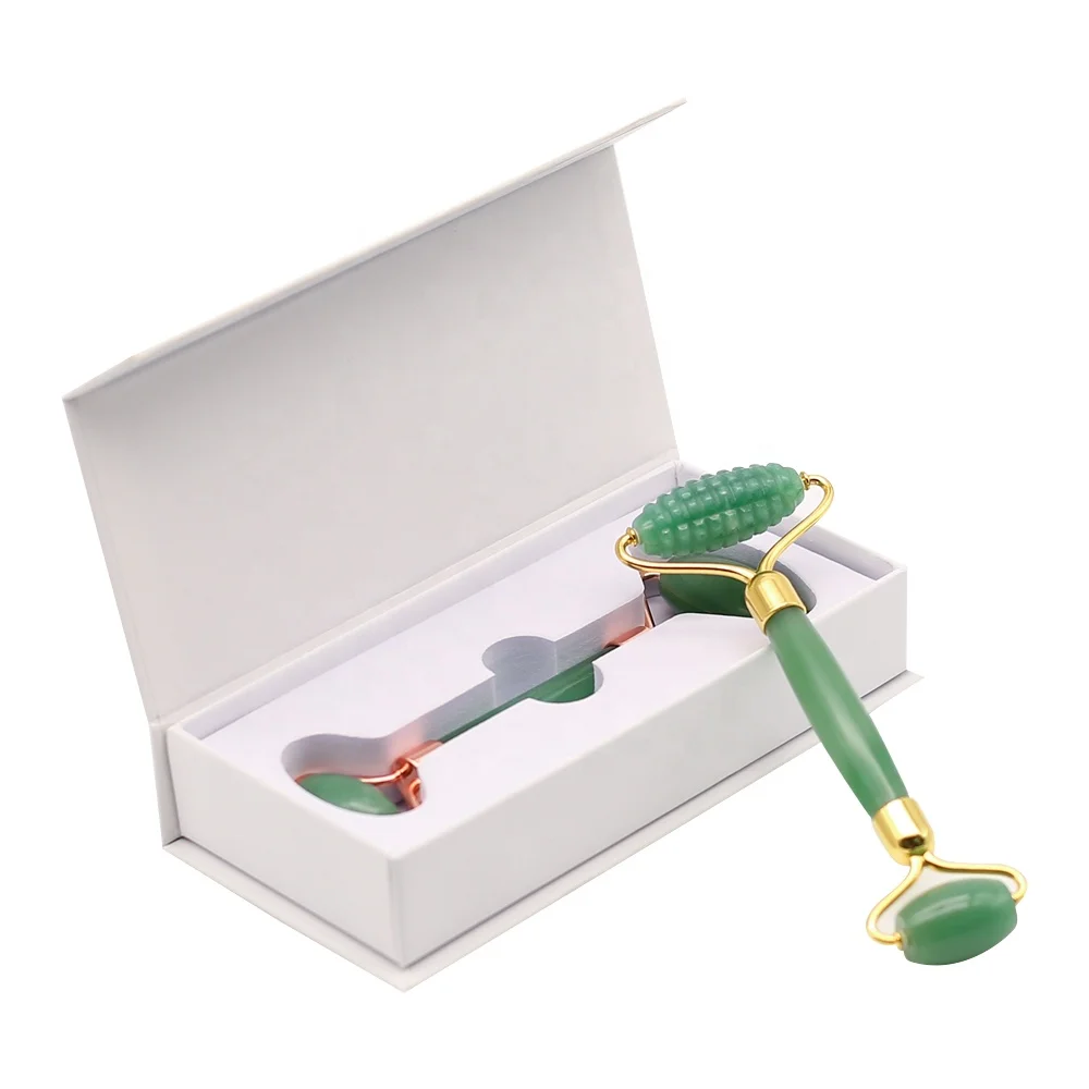 Natural Stone Face Lifting Massage Green Spiky Head Facial Beauty Tools Aventurine Jade Roller With Box