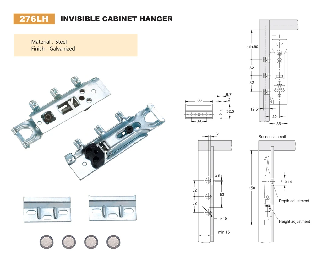 276LH Steel cabinet hardware Galvanized invisible cabinet hanger
