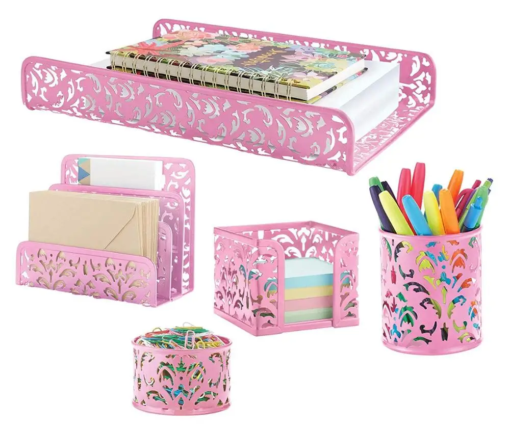 Office Supply Pink Cute Desk Organizer Set for Women and Girls iwith 5 Office Supplies Accessories