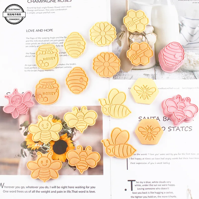 8Pcs/Set 3D Handmade Bee Honey Pot Honeybee Biscuit Molds Kitchen DIY Cake Baking Tools Bee Cookie Cutters Set