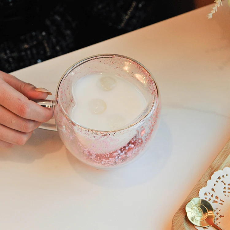 New Style Heart-Shape Customized double-layer glass mugs filled with sequins  Christmas mug snowflake printing mug coffee cups