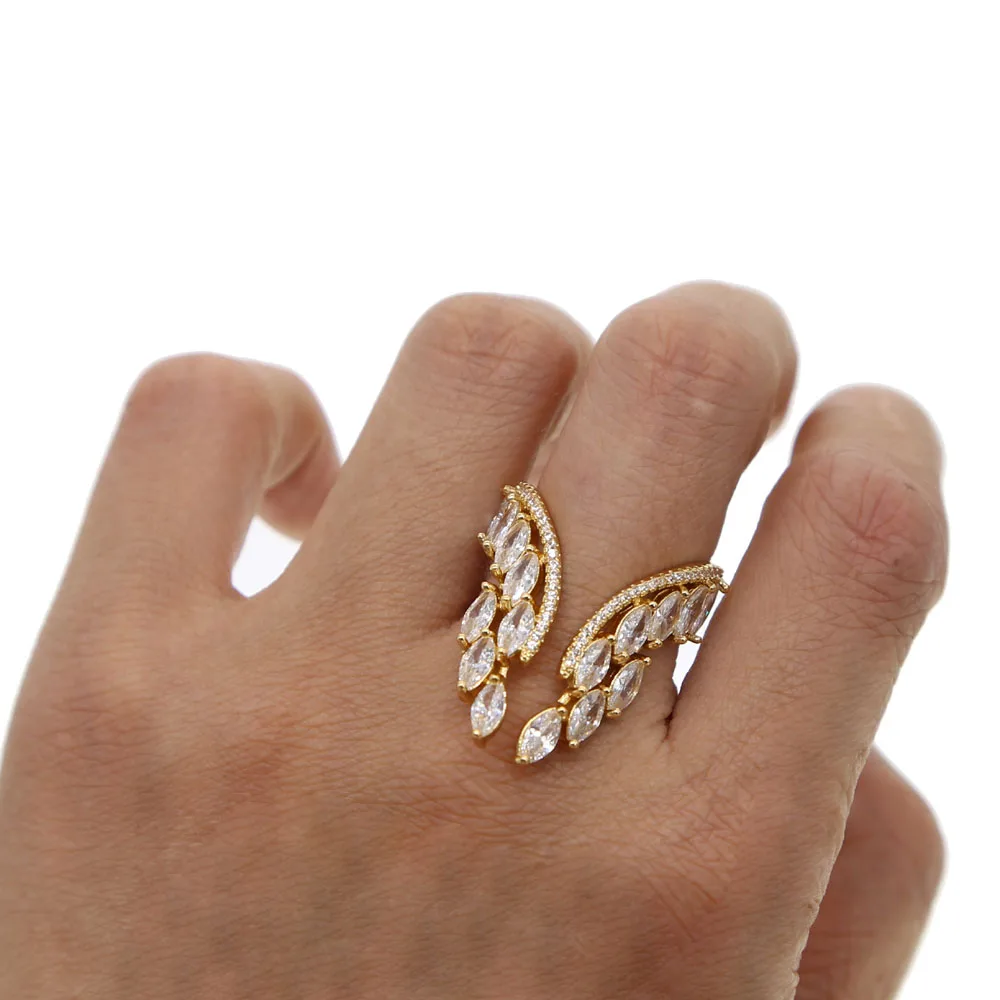 Korean Fashion Temperament Rhinestones Twisted Leaves Wishful CZ Crystal Open Ring Index Finger Rings For Women Angel