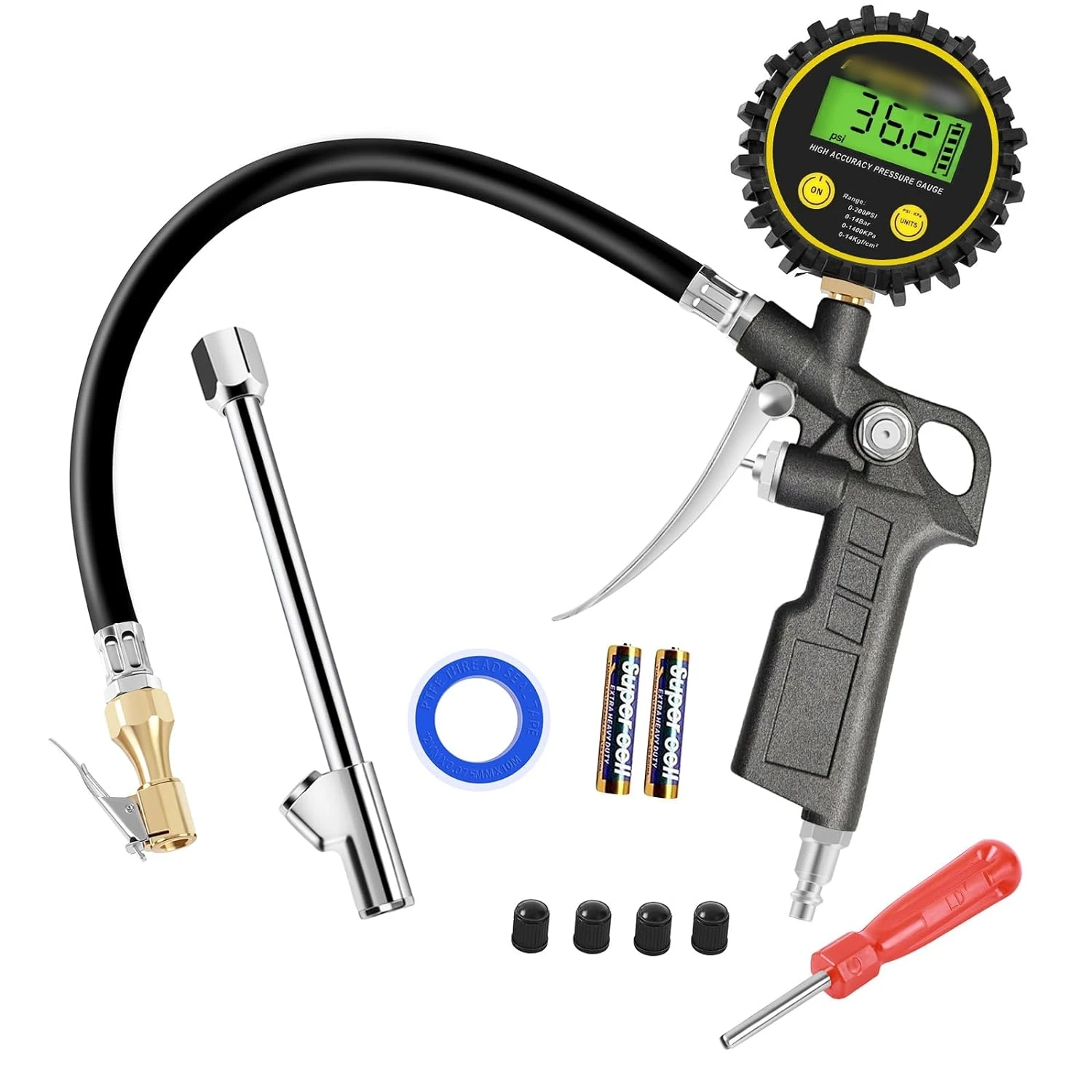 200 Psi Digital Tire Inflator Gauge Set with Double Head Air Chuck and Tire Repair Tools