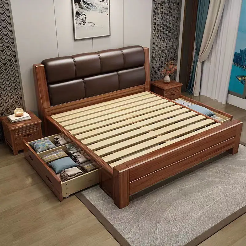 Modern new Chinese style Walnut solid wood bed Master bedroom soft leather bed 1.8m wedding bedroom high box
