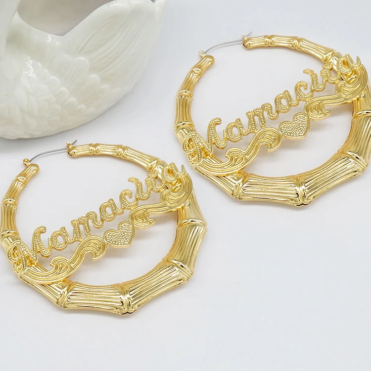 
Custom Name bamboo hoop earrings for women 