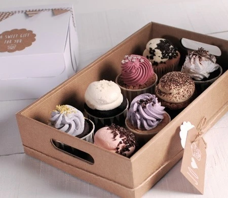 Grazing boxes corrugated paper catering trays, E/F flute brown box with window for cupcake  takeaway