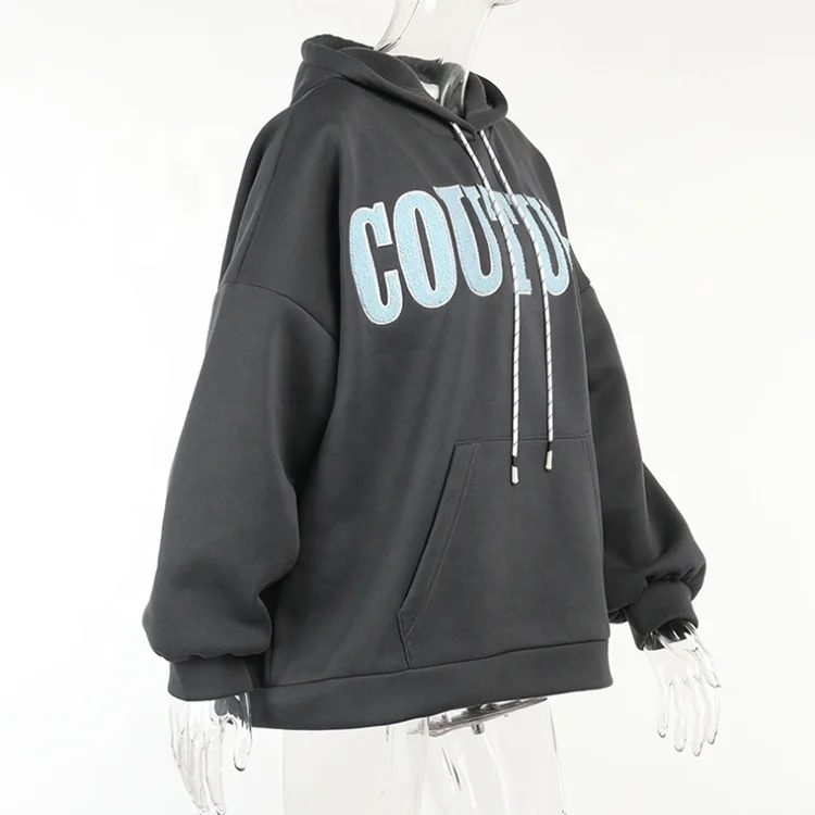 Wholesale Cotton Letters Printing Long Seleeve Gray Loose Drawstring Hoodie Elastic Cuffs Casual Sweatshirts Hoody With Pocket