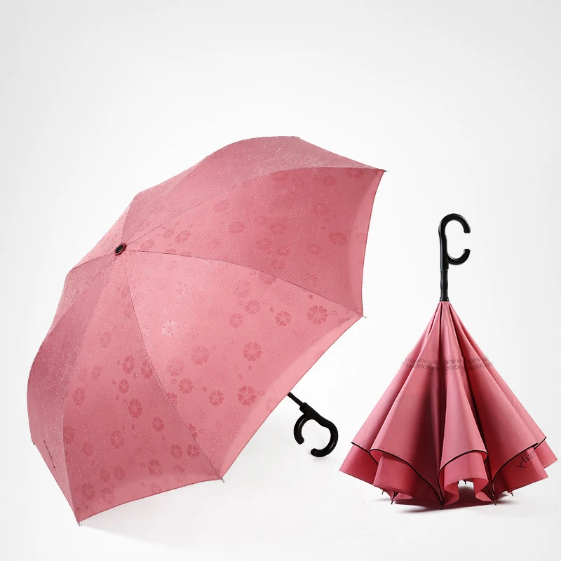ZD082 Wholesale Automatic Open Double Layer Inverted Umbrella Sun UV Car Straight Umbrella C Type Handle Reverse Parasol