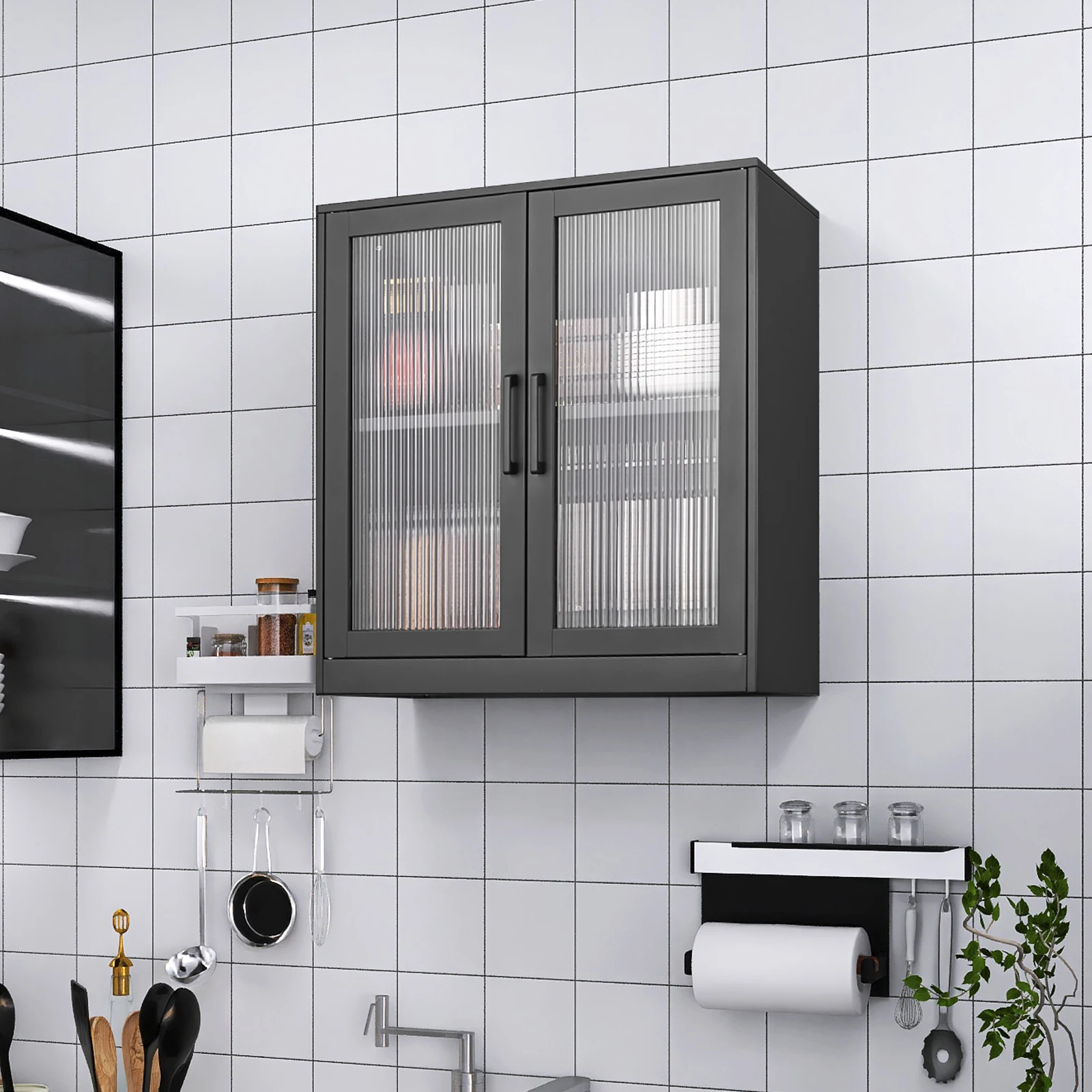 Metal Wall Cabinet Doors Wall Mounted Display Cabinet Shelf with Reeded Glass Steel Cabinet for Home Office Foldable Modern