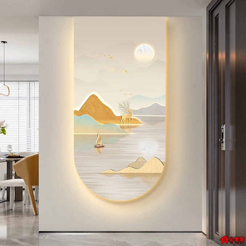 Landscape and Water Entrance Decorative Painting Wall Art LED Light Painting Crystal Porcelain Painting Home Decoration