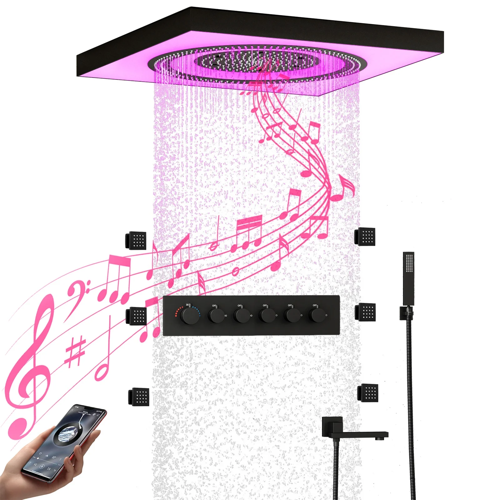 High End Bathroom Concealed Thermostatic LED Shower System Set Luxury Ceiling Mounted 24 inch LED Music Shower Head