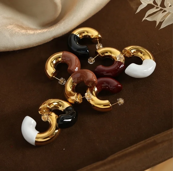 Modern Chunky Enamel Hoops Waterproof 18K Gold Women Jewelry Fashion C Shaped Sleek Gold Bold Statement Earrings