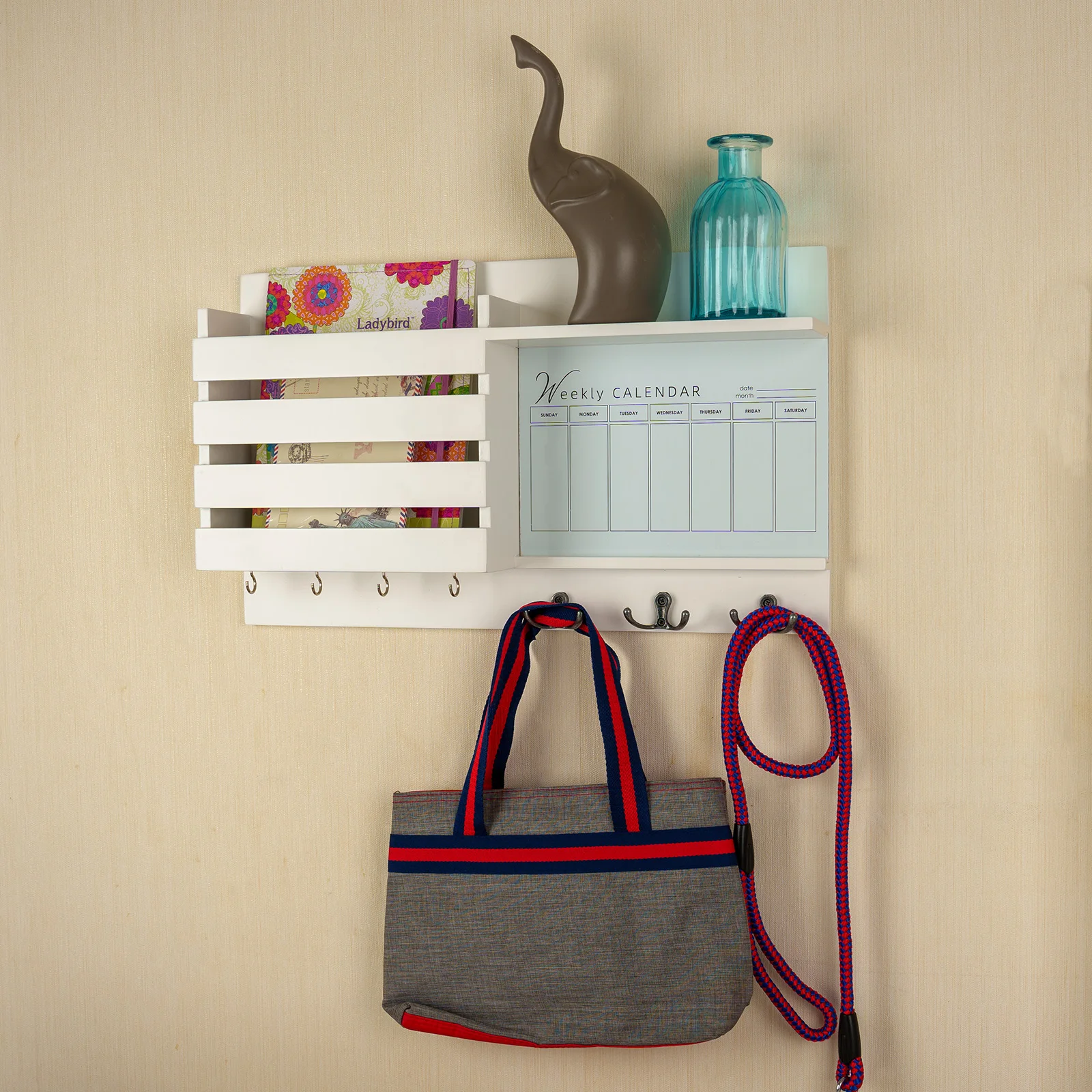 Wall mounted multifunctional wooden organizer with mirror, weekly calendar, and white dry erase board