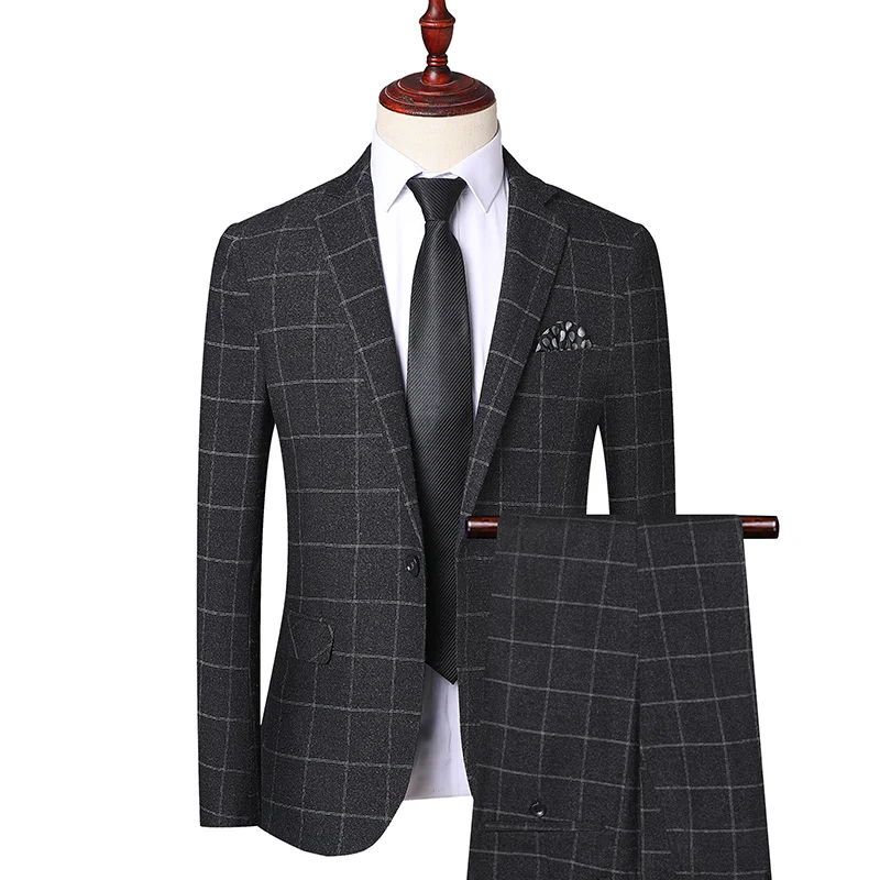 
New Design Fashion Casual Slim Fit Checked 2 Pieces Men Wedding Suits 