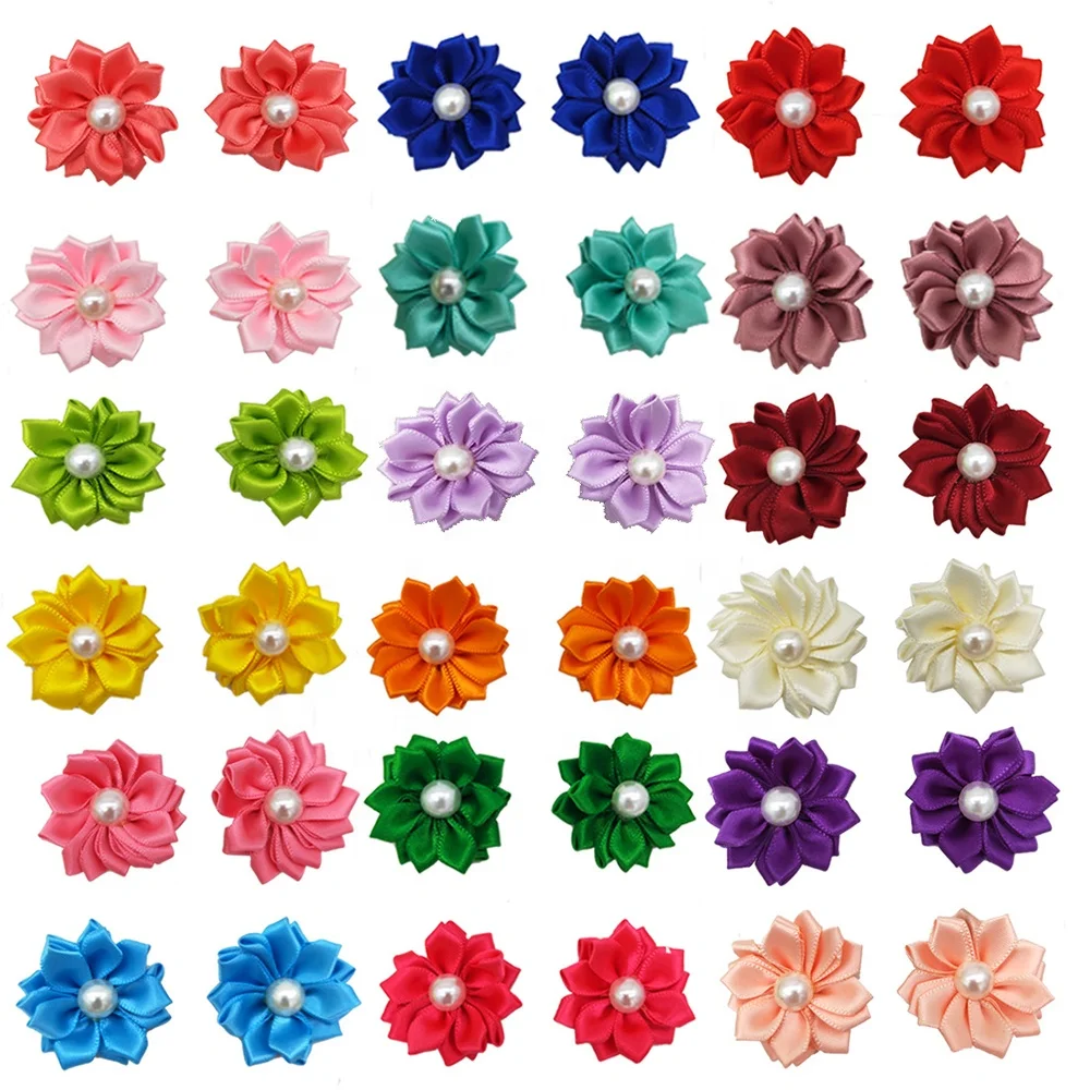Colorful Pearl Decorated Dog Hair Bows Silk Flowers Pet Grooming Accessories Sweet Polyester Animal Small Animals Hair Ornaments