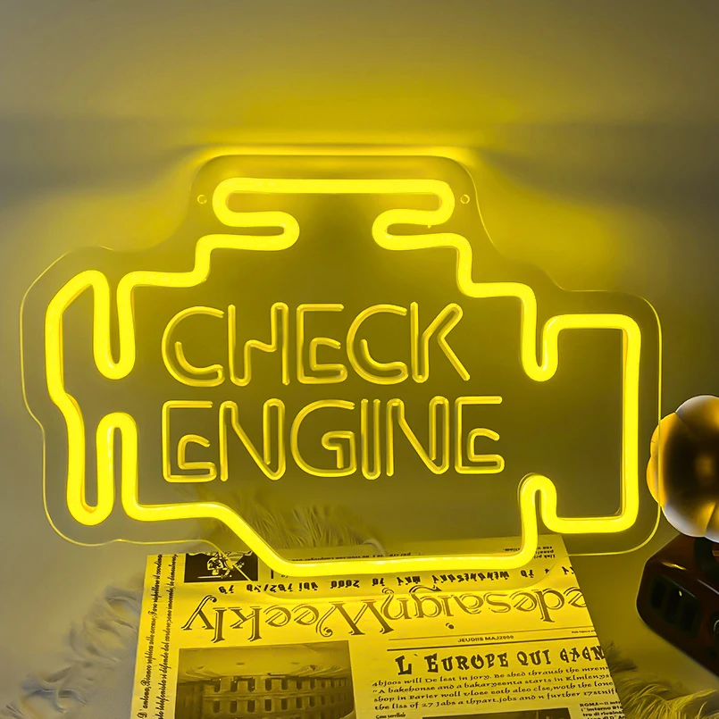 1 pc Check Engine Neon Sign for Wall decor, Car LED Wall Sign with USB Powered for Garage, Workshop, Man Cave Dimmable Yellow