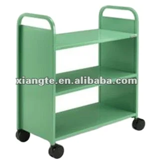 
3-Layer Library Shelf Storage Double Sided Mobile Truck Wood Book Cart On Wheels 