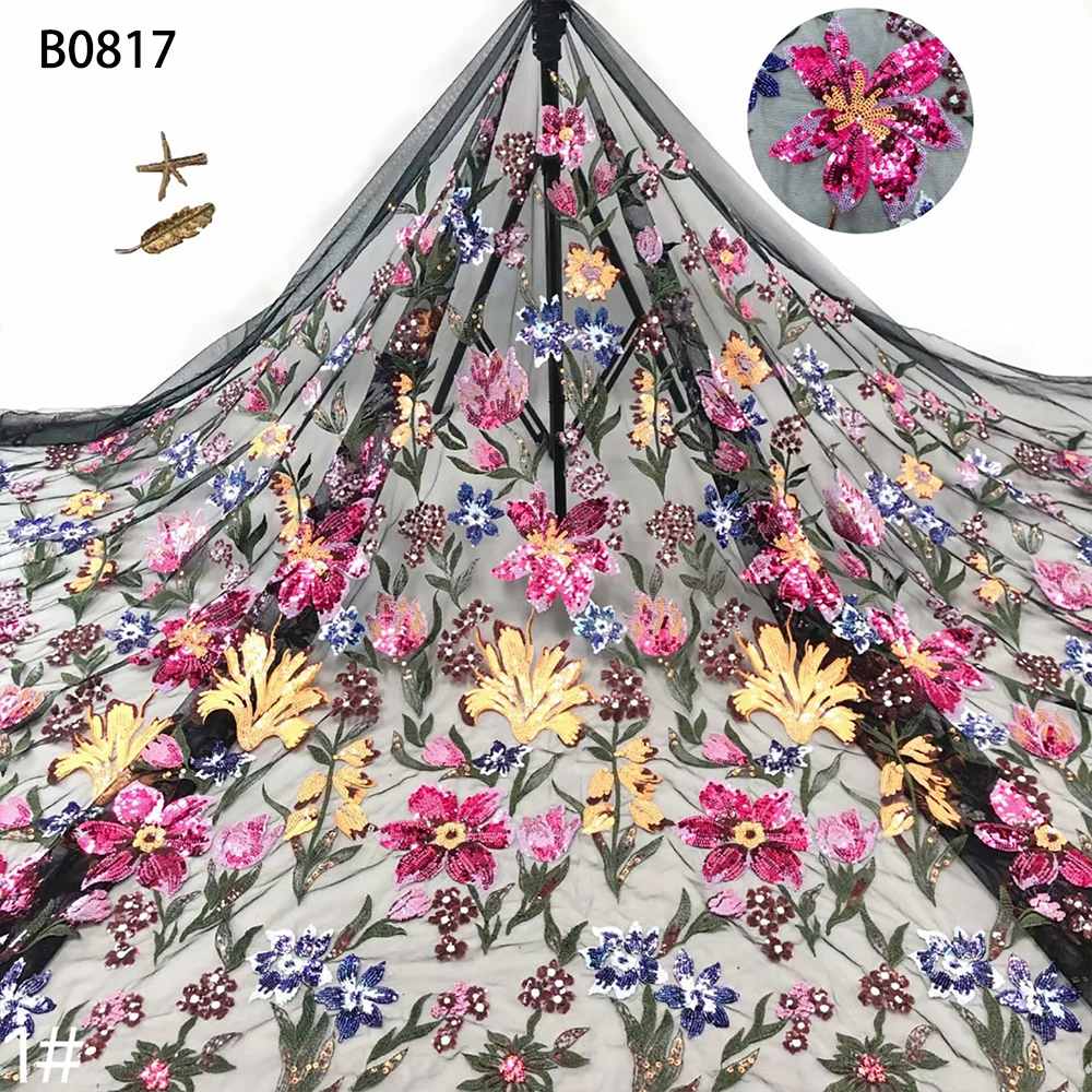 Factory wholesale beautiful flower sequin tulle textile fabric embroidery net lace for dress