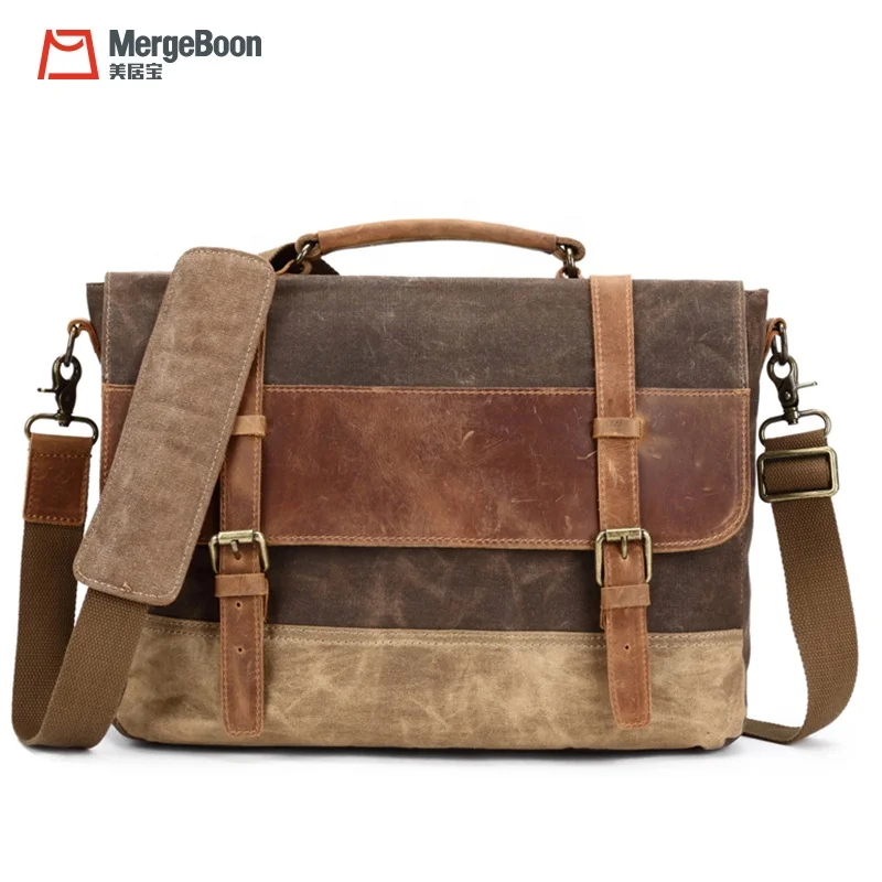 Factory custom vintage canvas and leather laptop messenger bag for man
