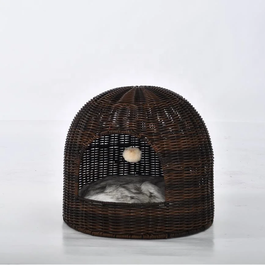 Modern Stylish Design Pet Furniture Washable Cat Cave Round House Artificial Rattan Wicker Cat Bed
