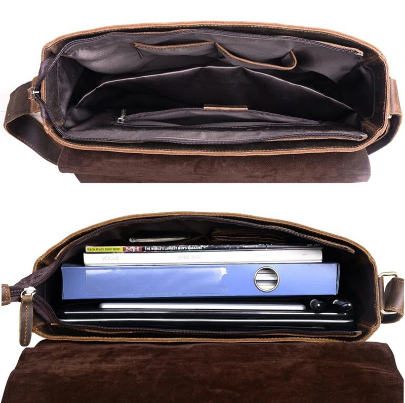 Dreamtop DTA536 coffee crazy horse leather 14 inches laptop messenger bag vintage leather crossbody bag for men
