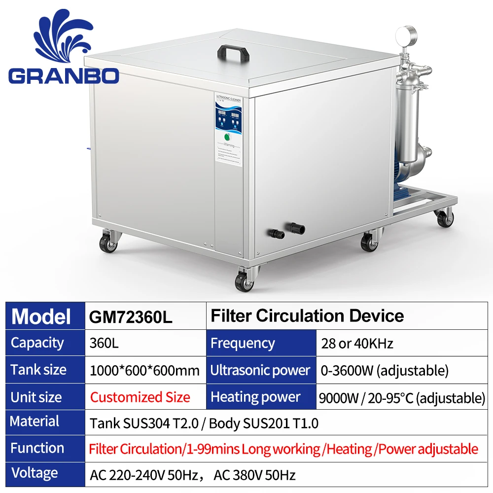 Granbo 360L 95gal Clean Carburetor Auto Parts Dpf Engine Parts Ultrasonic Cleaning Machine Filter Industrial Ultrasonic Cleaner