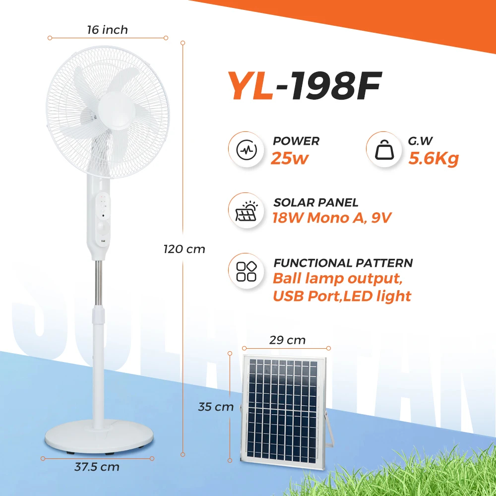 Ventilador 16 inch 18000MAH Solar Stand Fan BLDC Motor Pedestal Fan Remote Control Led Light Electric Rechargeable Solar Fan