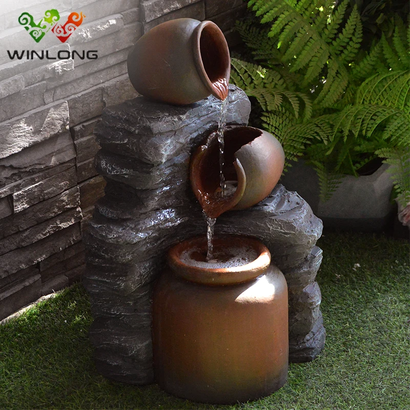 2023 Outdoor Garden GFRC Three Rustic Jugs Cascading Water Fountain with pot for Yard Garden Lawn