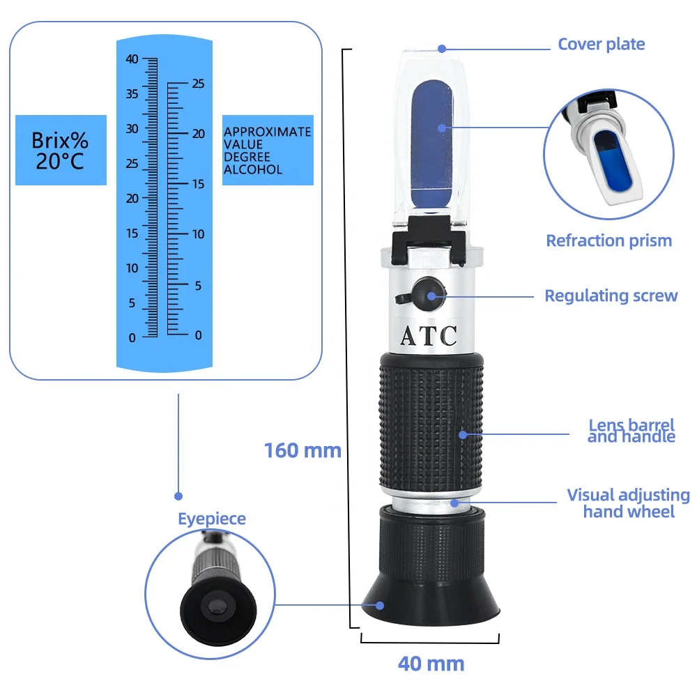 Hand Held 0-40% Brix 0-25% Alcohol Refractometer Tester for Alcohol Brix Wort Beer Wine Fruit Grape Sugar Saccharimeter