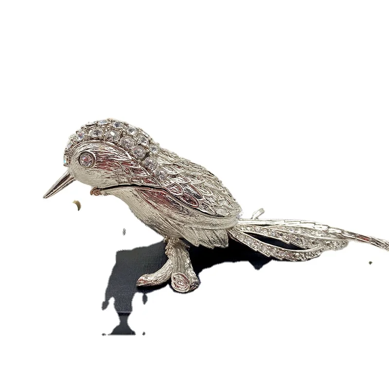 2023 korea design customized Silver-plated bling bling rhinestone animal bird metal jewelry box and trinket for gifts and crafts
