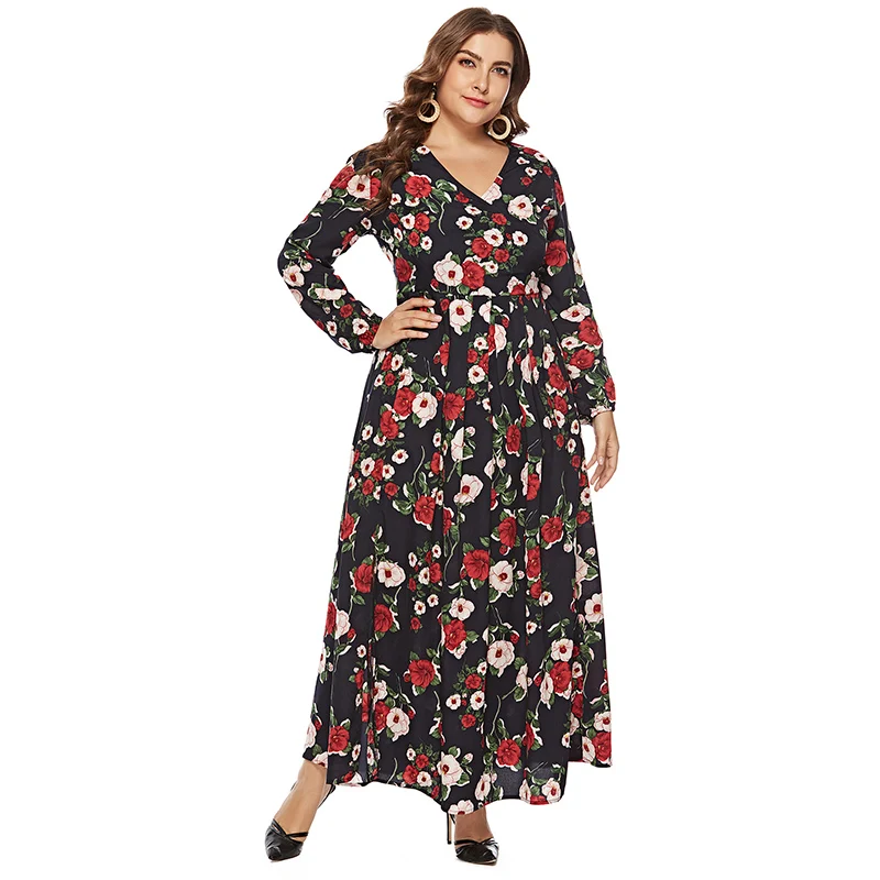 newest design autumn long sleeve printed chiffon plus size women dress
