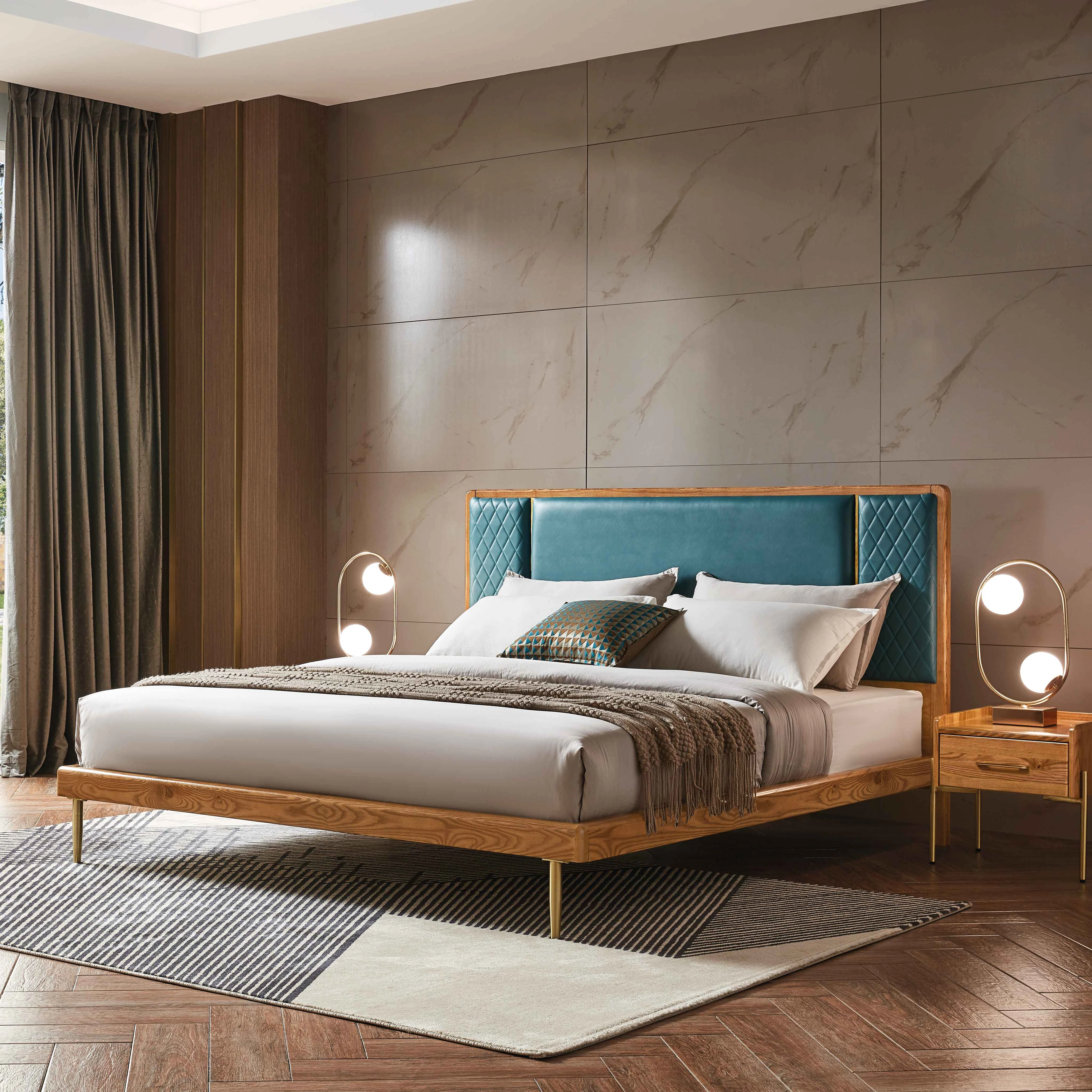 Modern Wood Frame Leather Cover Ensemble Wood Beds Base Double Beds With Solid Wooden Slats