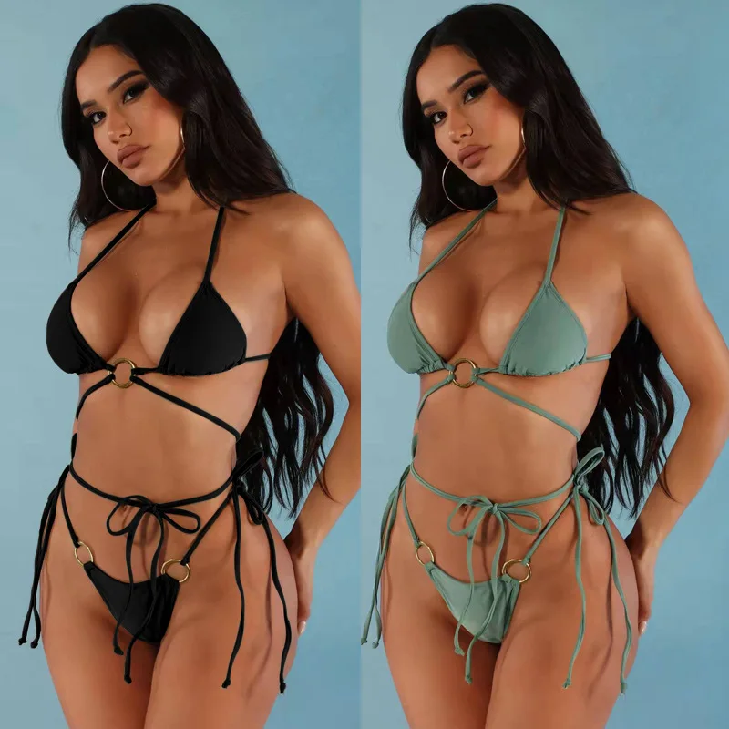 S-5XL Summer women beachwear solid color 2 piece set bikinis swimsuits sexy halter high-elastic bra and underwear