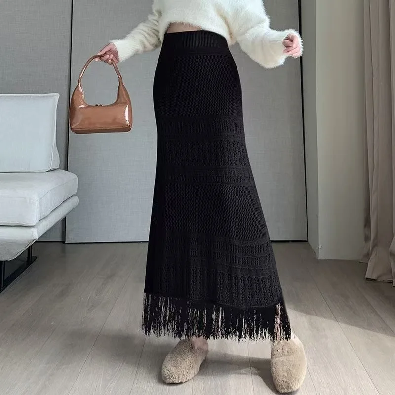 Women 2024 Autumn New Chic Fashion Fringe knitting Skirt Hollow Wool A-line Skirt Long Skirt