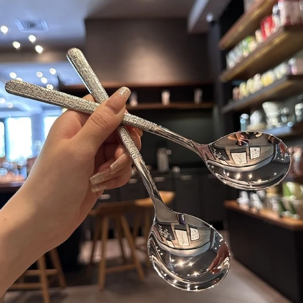 Household Stainless Steel Spoon with Hammer Pattern Korean Style Spoon, High Aesthetic Value Eating Spoon