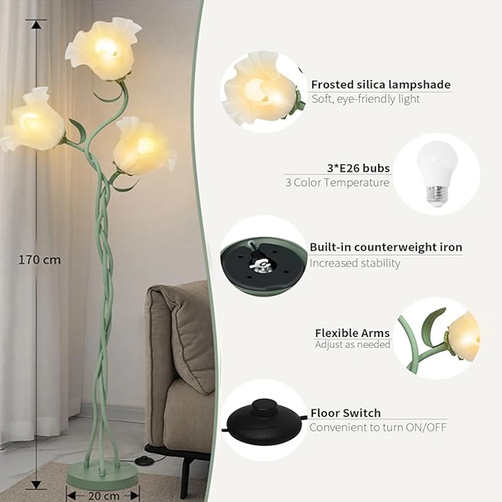 American Country Style LED Floor Lamp Free Folding Three-Color Light Cream Wind Living Room/Sofa/Bedroom Floor Lamp Garden