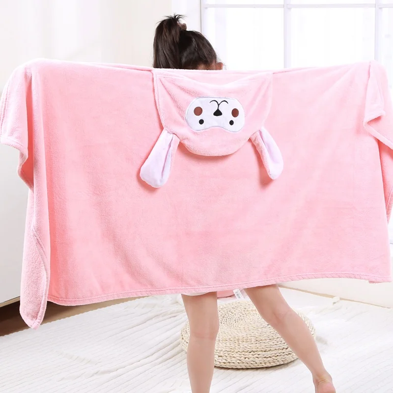 Cartoon Animal Kids Soft Fast Absorbing Microfiber Coral Fleece Baby Hooded Bath Wrap Baby Towel