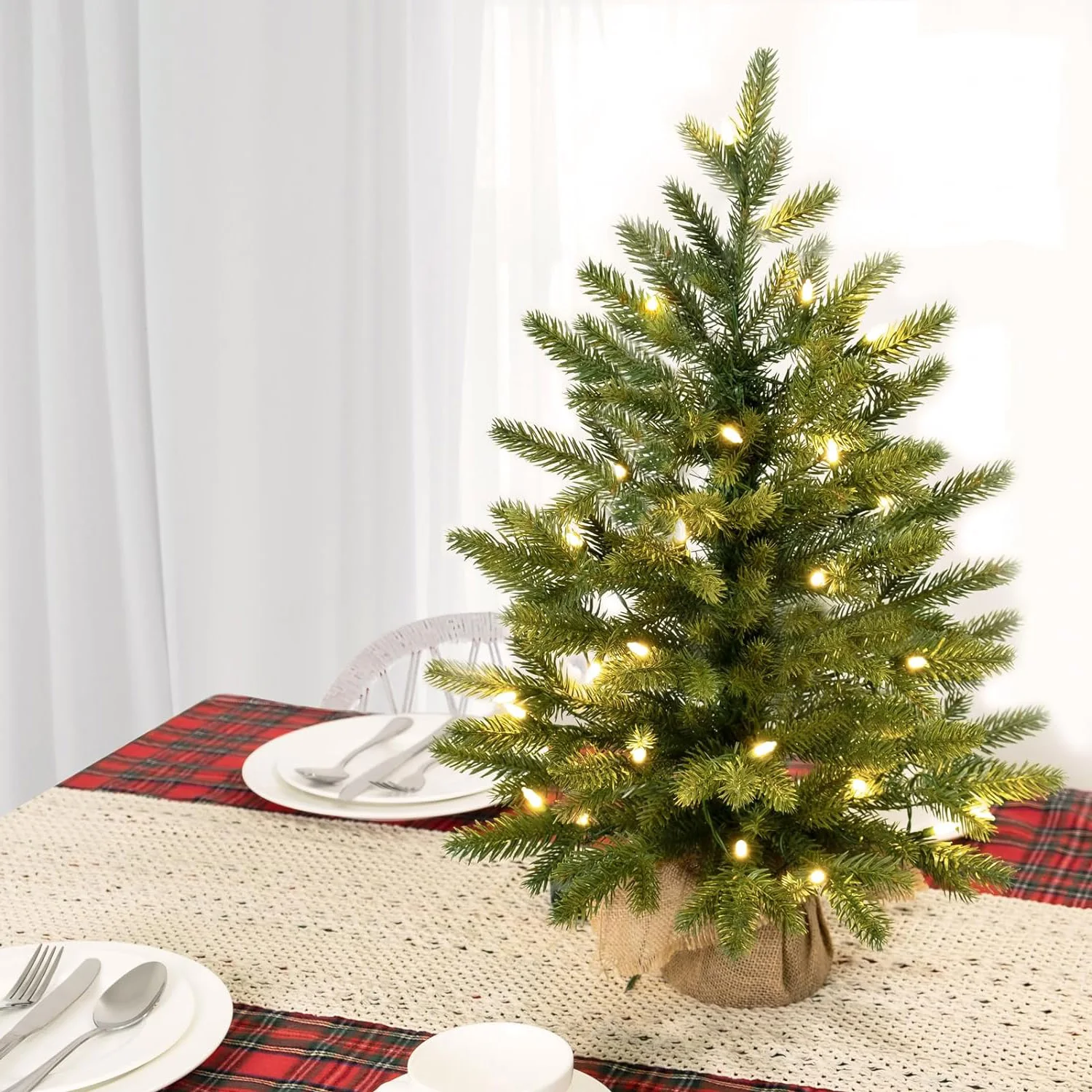 Mini Christmas Trees with 25 LED Lights 2 ft Decorated Burlap Artificial Tabletop Christmas Trees Home Party Decoration