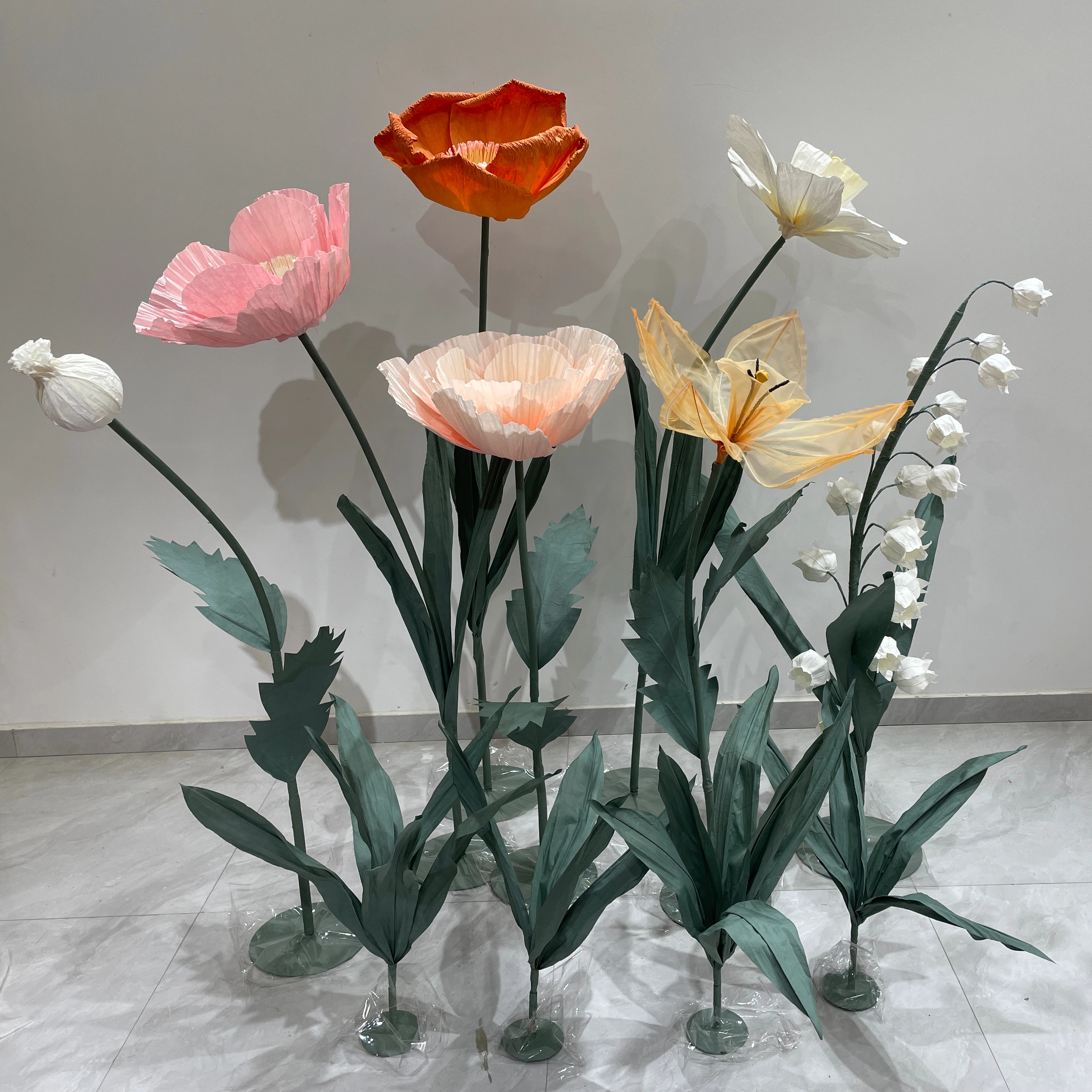 H-678 Big Free Standing Flowers Giant Paper Organza Poppy Flower Set For Indoor Wedding Event Decoration