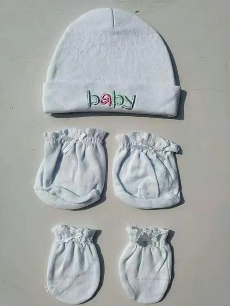new born baby 100% cotton girl baby cap kids baby hats gloves socks 3 pics