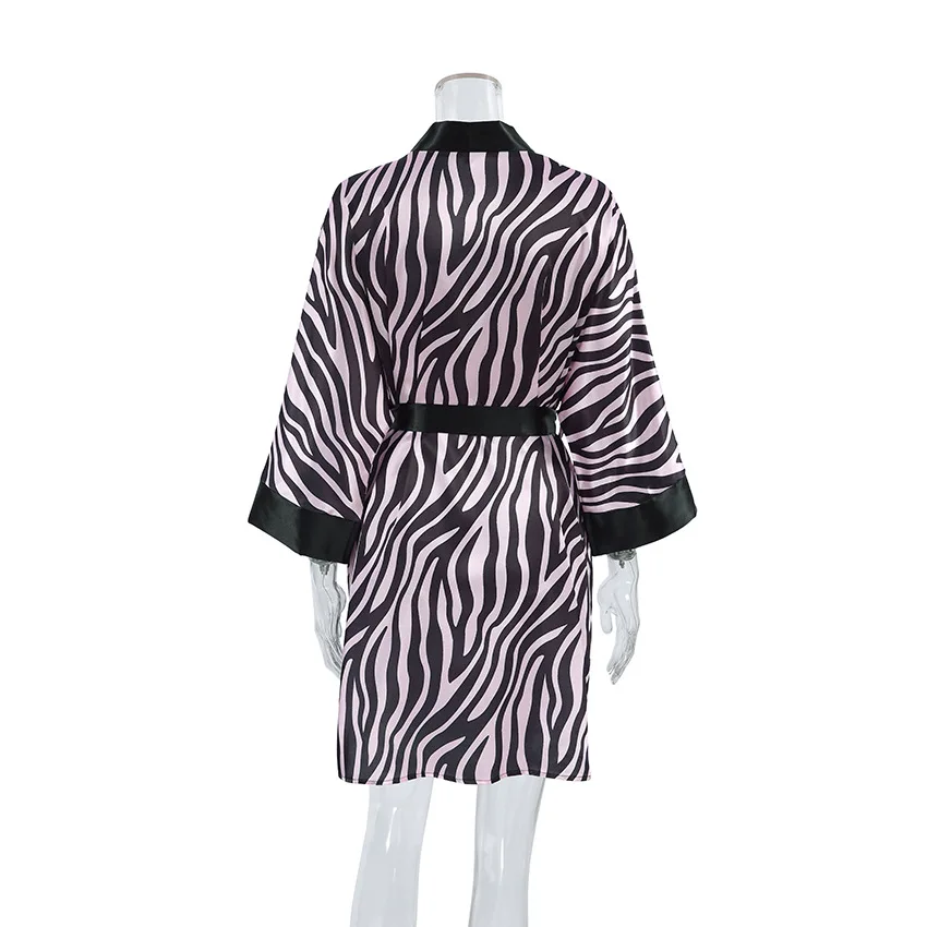 D0132 Wholesale Hot Zebra Print Robe Sexy Underwear for Women Mature Russia Robe with Belt Erotic Nightie Nightgown Sex Lingerie